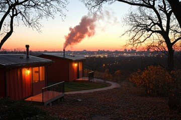Obraz premium Serene Sunset Over Cottages with Smoke and City Skyline View