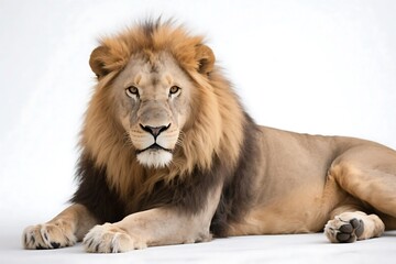 A magnificent adult male lion with a thick mane is lying on a plain background, showcasing its powerful and regal appearance.