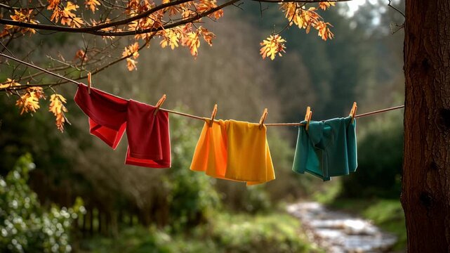 Colorful clothes hanging on a line outdoors.