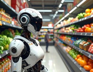 A robot browsing through a grocery store aisle filled with produce
