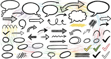 Hand drawn chalk style arrows and abstract scribbles set with grunge texture in white on dark background 