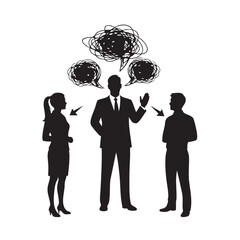 Miscommunication Business Team Silhouettes Three People with Confused Thought Bubbles Disagreement Misunderstanding Communication Barrier Workplace Conflict
