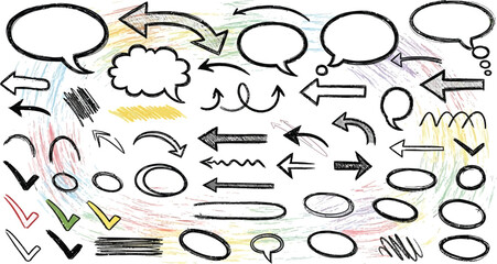 Hand drawn chalk style arrows and abstract scribbles set with grunge texture in white on dark background 