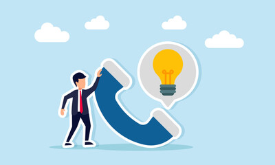 Businessman standing near a telephone with chat dialogue boxes showing light bulbs illustration of feedback or suggestions for business ideas and innovation