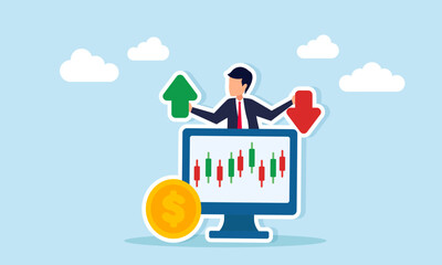 Businessman carrying up and down arrows emerging from behind a monitor displaying a company stock candlestick chart with dollar coins nearby illustration of business valuation fluctuation