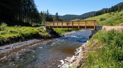 Fototapeta premium Tranquil Bridge Over Stream in Lush Green Landscape During Daylight