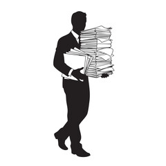 Silhouette of businessman carrying substantial stack of documents and folders in his arms representing demanding office work extensive paperwork and administrative responsibilities