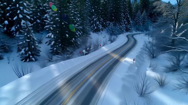 Winding road through snowy mountain landscape.