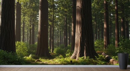 Sunlight filtering through tall redwood trees in a lush green forest