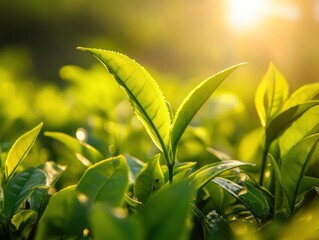 Lush green tea leaves in a tea plantation at sunrise