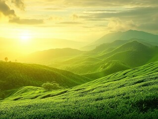 Lush green tea plantations at sunrise