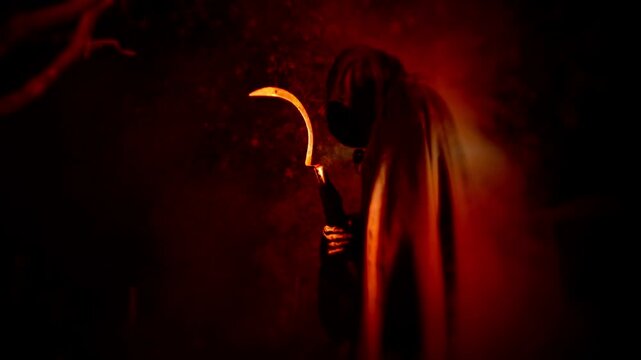 A classic grim reaper in a cloak and holding a scythe with smoke or mysterious fog and backlighting in a cemetery graveyard. Edited in slow motion with a red orange tint.
