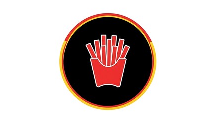 Illustration of french fries in a red container on black background with yellow border