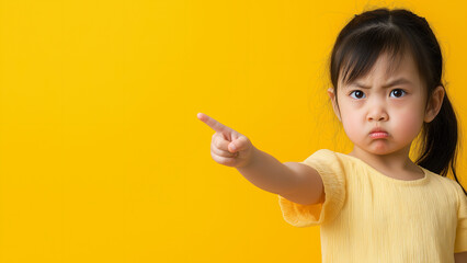 Angry Asian girl pointing a finger, copy space