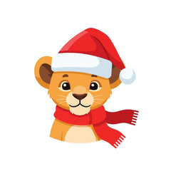 Cute Cartoon Lion Cub with Santa Hat and Scarf for Christmas Illustration