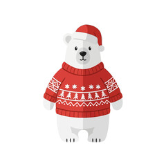 Cute Cartoon Polar Bear in Santa Hat and Christmas Sweater Illustration
