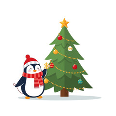 Cute Cartoon Penguin Decorating Christmas Tree Illustration