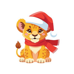 Cute Cartoon Lion Cub Wearing Santa Hat and Scarf for Christmas