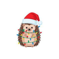 Cute Cartoon Hedgehog with Christmas Lights and Santa Hat, Isolated on White