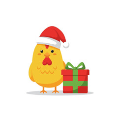 Cute Cartoon Chicken Wearing Santa Hat with Christmas Gift
