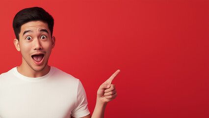 Surprised Asian man pointing a finger, copy space