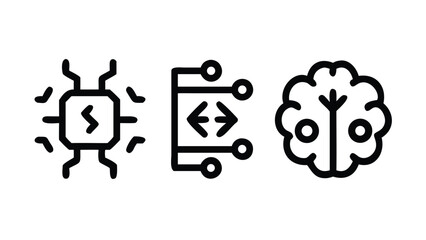 Fototapeta premium Three icons: computer processor, data transfer, and brain with circuits chip