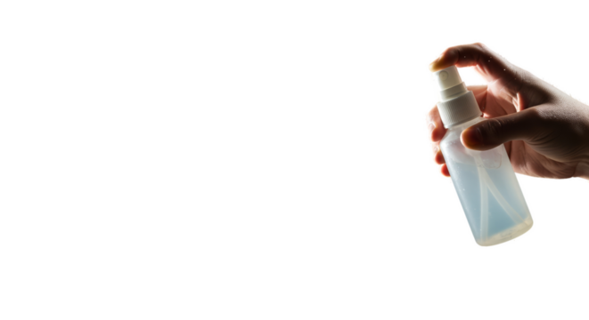 Hand Spraying Transparent Liquid With Water Droplets Backlit