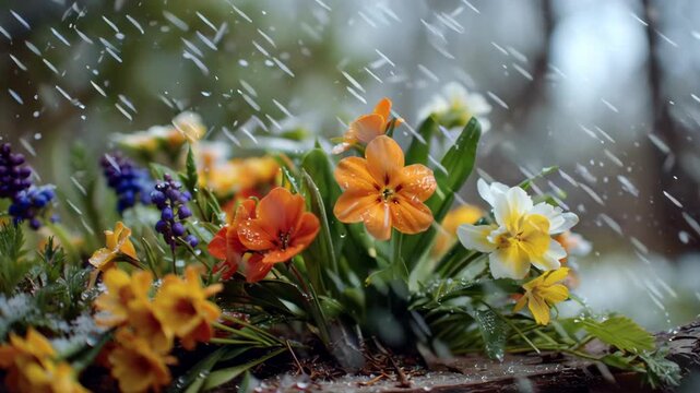 Vibrant flowers blooming in a snowy landscape.