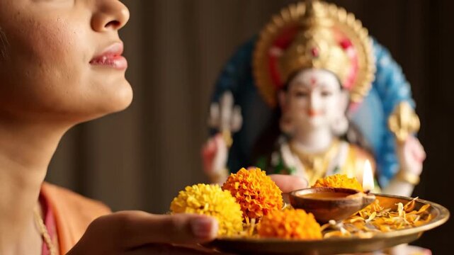 Celebrating Vasant Panchami Woman Offering Prayers to Goddess Saraswati with Flowers and Traditional Oil Lamp