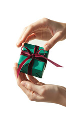 Hands Holding Teal Gift Box With Burgundy Ribbon Soft Light