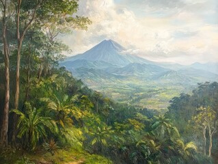 Lush landscape painting of a volcano, lush vegetation, and valleys
