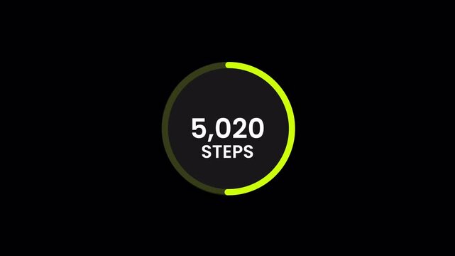 displaying ten thousands count steps animation on black background, Steps counting progress bar animated.