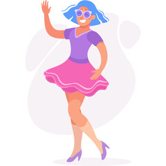 Pixel Art Woman With Blue Hair And Pink Skirt Dancing Joyfully Wearing Sunglasses And High Heels In A Celebration Event With A Transparent Background