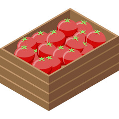 Pixel Art Wooden Crate Filled With Ripe Red Tomatoes and Green Stems on a Transparent Background in an Isometric Perspective