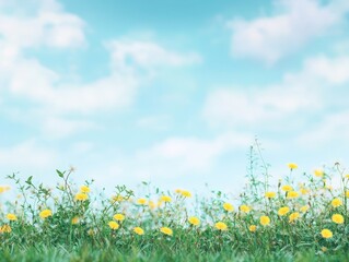 Lush meadow with yellow flowers against a vibrant sky
