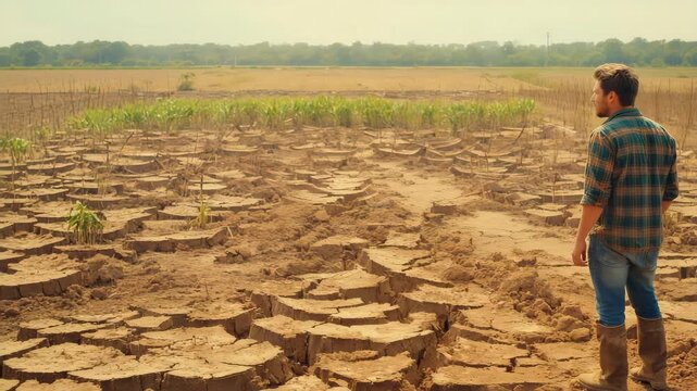 Dry, cracked land of soil fields. Man farmer stands on barren landscape of parched earth. Ecological disaster, drought concept