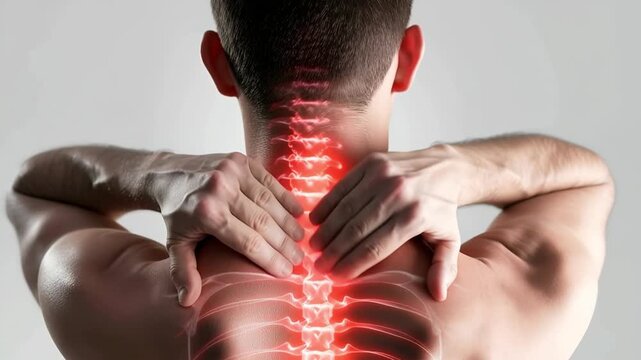 Spine on man's back and neck, indication of back pain. Spine is illuminated with red glow. Improper posture, spinal curvature and osteochondrosis.	