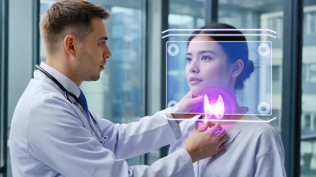 Doctor checking medical examination of young woman's thyroid gland, lymph nodes. Thyroid gland is illuminated. Autoimmune thyroiditis or Hyperthyroidism