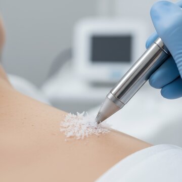 Close-up of cryotherapy treatment on skin with cryoprobe