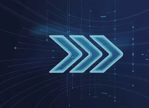 Three glowing blue arrows pointing right on a dark digital background