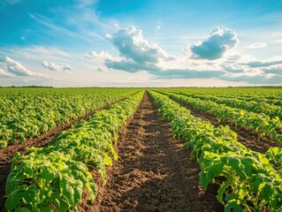 Lush potato field under a vibrant sky