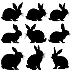 Set of nine black rabbit silhouettes in various poses.