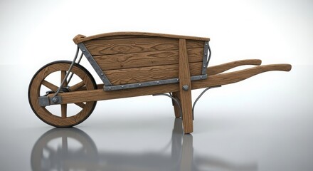 Rustic antique wooden wheelbarrow isolated on a clean white background