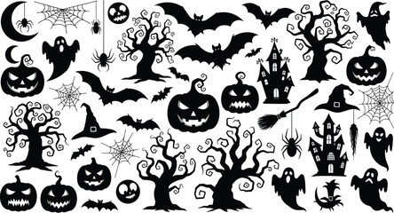 Big set of halloween silhouettes black icon and character. Design of witch, creepy and spooky elements for halloween decorations, sketch, icon, sticker. 