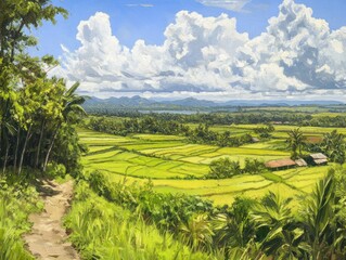 Lush rice paddies stretching across a valley under a vibrant sky.  A pathway winds through the verdant landscape
