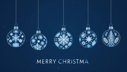 Elegant merry christmas greeting card with blue ornaments for holiday season on dark blue background