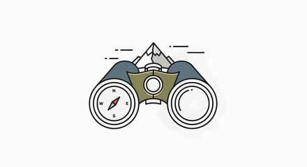 Illustration of binoculars with a compass, mountain, and lines, perfect for exploration.