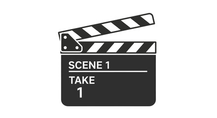 Illustration of a clapperboard with the text 'Scene 1' and 'Take 1' on a black background.