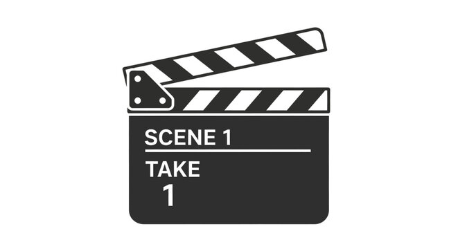 Illustration of a clapperboard with the text 'Scene 1' and 'Take 1' on a black background.