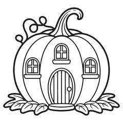 Cute pumpkin house illustration black and white outline vector design